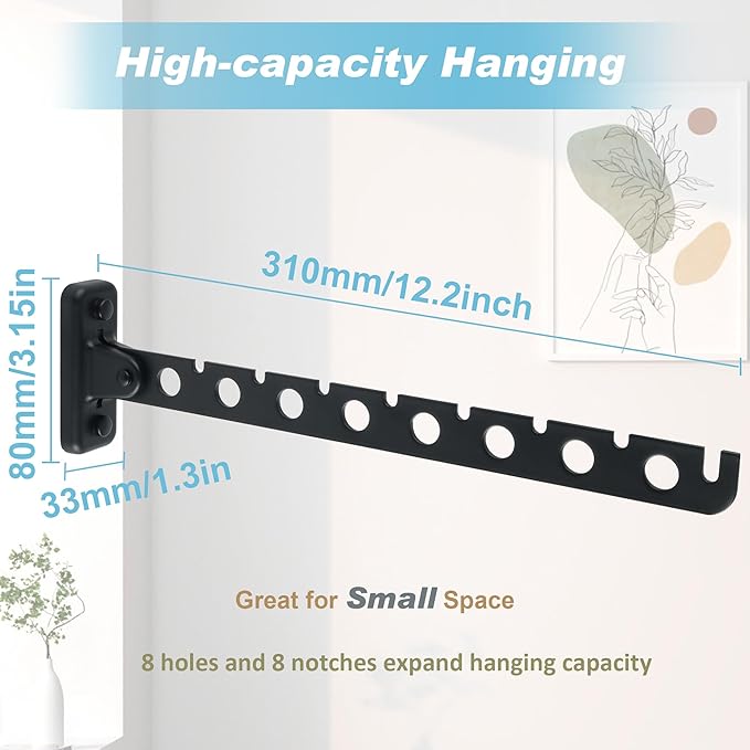Alise Folding Clothes Hanger Rack,Wall Mounted Clothes Bar-Hanger Holder Hooks Heavy Duty Drying Rack Space Saving Clothing Hanging System Closet Storage Organizer,YHD1008-B Matte Black
