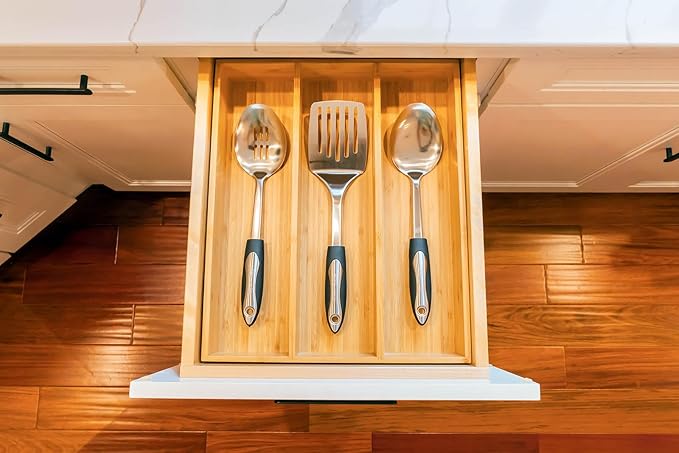 Umilife Bamboo Kitchen Utensils Organizer, 13 Inch Drawer Dividers for Silverware, Extra Deep Holder, with Non-Slip Feet, Wood Caddy for Flatware Cutlery