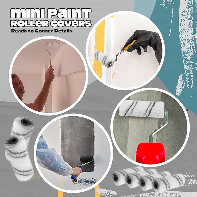 Leumoi 300 Pcs 4 Inch Mini Paint Roller Cover 1/2" Nap Small Microfiber Roller Covers Home Repair Tools House Household Supplies Kit(Gray, White)