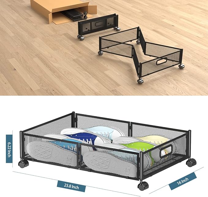 Under Bed Storage Containers, Shoe Storage With Wheels, Foldable Bedroom Storage Organization with Handles, Under Bed Storage Bins Drawer For Clothes, Blankets And Shoes, Bedding (2 Pack, Black)