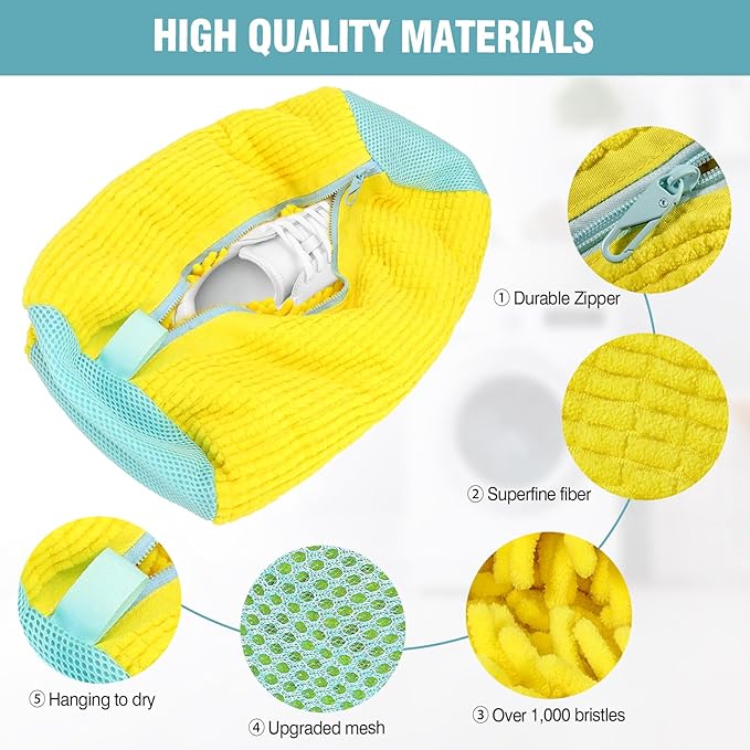 XXL Shoe Washing Machine Bag, 1 Pack Laundry Shoe Bag for Washer and Dryer, Sturdy Zipper with Hook Design, Dry Net Bag Included, Reusable for Sneaker, Tennis, Yellow 1PCS