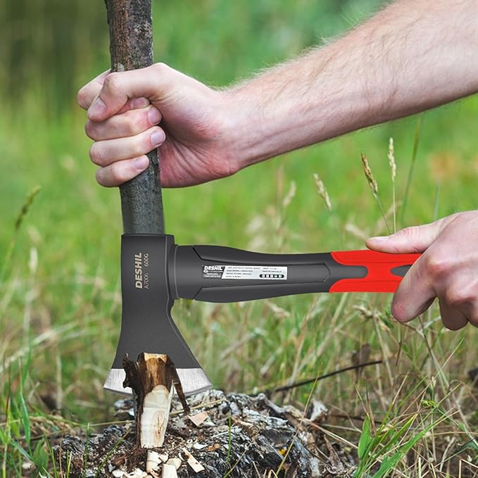 Chopping Axe, 15”Outdoor Hatchet Forged Carbon Steel Heat Treated Hand Maul Tool, Fiberglass Shock Reduction Handle with Anti-Slip Grip,Red