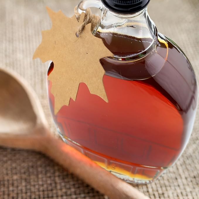 12 oz Maple Syrup Bottles with Loop Handle Black Aluminum Lids and Cotton Twines, Clear Glass Bottles with Maple Tag, Maple Syrup Jars Container Sample Bottles for Gift Juice Milk Sauce Storage (6)