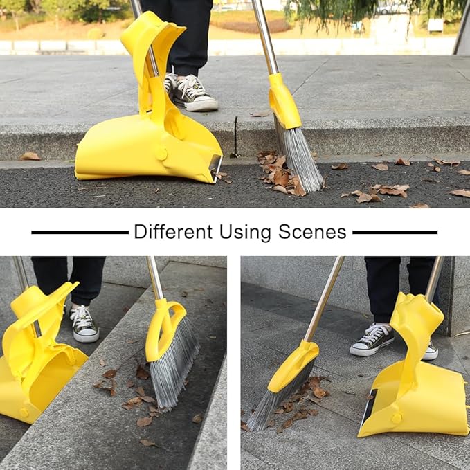 Long Handle Heavy Duty Broom and Dustpan Set, Outdoor and Commercial Upright Dustpan and Brush for Restaurant Garage Garden Yard Office, Yellow