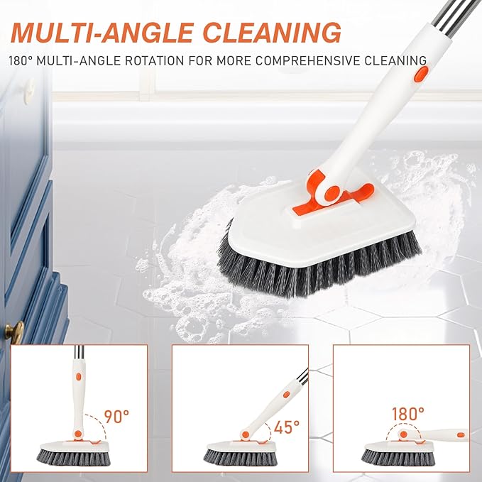 Shower Cleaner Brush, 3-in-1 Tile Tub Scrubber Brush with 51" Adjustable Long Handle, 3 Different Function Cleaning Heads, Scrub Brush for Bathroom, Kitchen, Walls, Bathtub, Sink