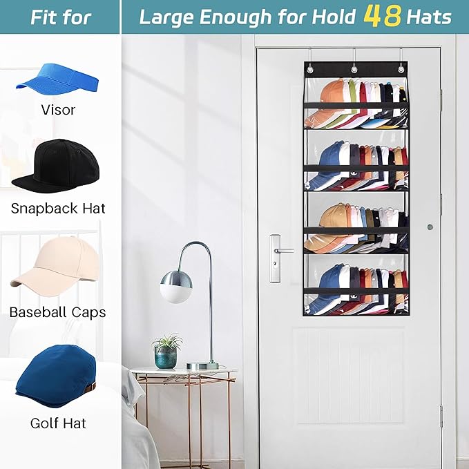 AOODA Clear Over the Door Hat Racks for Baseball Caps, Hold 48 Caps Hat Storage Organizer for Closet Wall, Deep Pockets Hanging Snapback Holder Shelves with 3 Hooks, Black