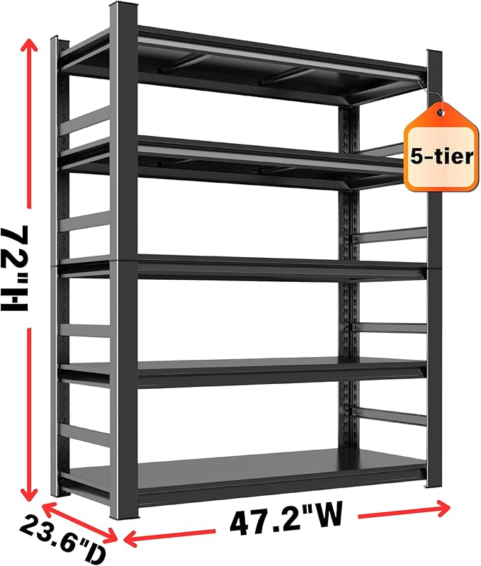 Kitchen Storage Shelves, 72" H × 48" W Heavy Duty Shelving Unit, 5-Tier Adjustable Pantry Shelf, Food and Beverage Storage Shelves, Durable Metal Shelving, Appliance Storage, Black