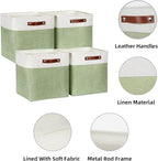 HNZIGE Collapsible Fabric Storage Cubes 13x13x13 Set of 4 Decorative Storage Basket Bin with Handles Storage Cube Basket for Organizing Clothes, Toys, Closet, Nursery(Green White)