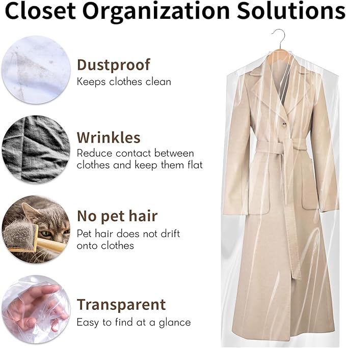20 PCS 60 Inch Plastic Garment Bag, Dry Cleaner Bags Laundry Bags, Clear Hanging Clothing Covers for Long Dresses Skirt Coat Suit Shirt Jacket