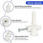 #8 x 1-1/2" Self Drilling Plastic Drywall Anchors Screws (50 Anchors+50 Screws), No Pre Drill Hole Required, Hold Up to 75 Lbs