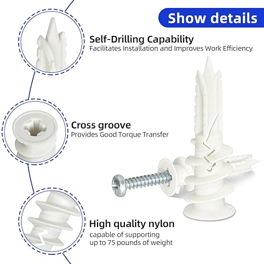 #8 x 1-1/2" Self Drilling Plastic Drywall Anchors Screws (50 Anchors+50 Screws), No Pre Drill Hole Required, Hold Up to 75 Lbs