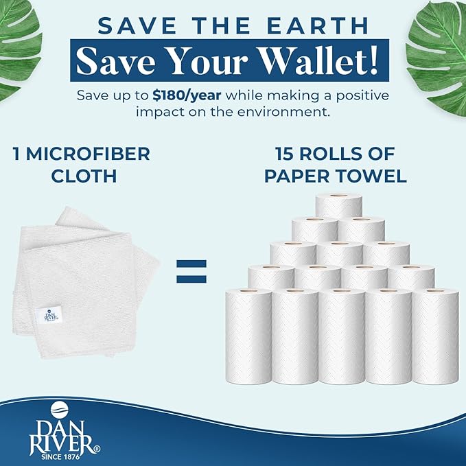 DAN RIVER 12-Pack White Microfiber Towels – Ultra Absorbent, Lint-Free & Streak-Free dust Cloths for Home, Car & Kitchen - Must-Have Cleaning Essentials - 12" x 12"
