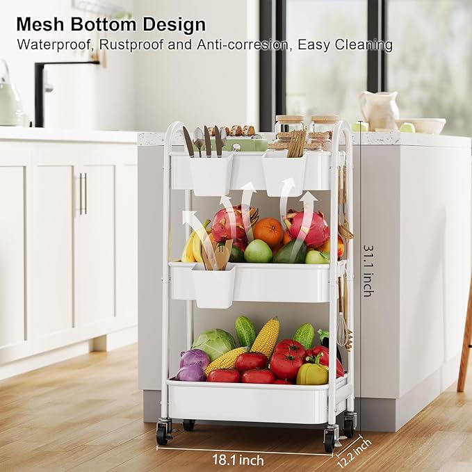 3 Tier Rolling Cart Metal with Wheels, Heavy Duty White Three Tiered Craft Cart Organizer on Wheels, Utility Roller Storage Carts for Art, Baby Nursery, Diaper Caddy, Snack,Book,Nail,Cleaning Supplies