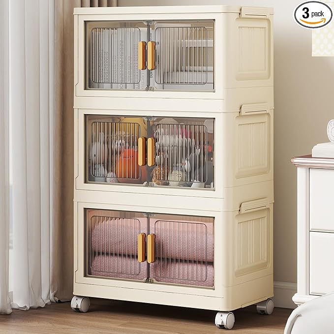 3 Tier Stackable Plastic Storage Bins with Lids 48QT, Collapsible Closet Organizers and Storage with Wheels for Living Room,Office,Dorm