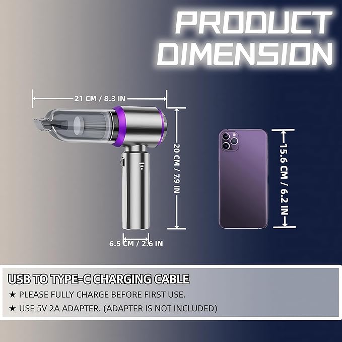 Handheld Car Vacuum Cleaner, 21000PA Rechargeable High Power Cordless Mini Vacuum Cleaner and Blower 4-in-1 with 3 Gear, Vacuum with Brushless Motor for Car, Home, Office, PC