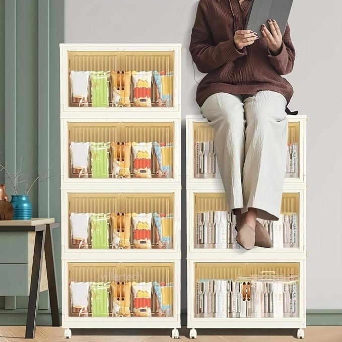 Stackable Storage Bins 104 Qt, Folding Storage Box with Lids and Doors, Open Front Folding Storage Bins with Wheels Large Plastic Storage Container Closet Organizers (4 Tier)