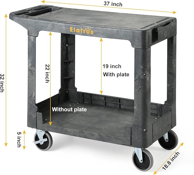 ELAFROS Heavy Duty Plastic Utility Cart Flat top 37 x 18.8 Inch - Work Cart Flat Shelves and Full Swivel Wheels Safely Holds up to 550 lbs - 2 Tier Service Cart for Warehouse,Garage, Cleaning Gray