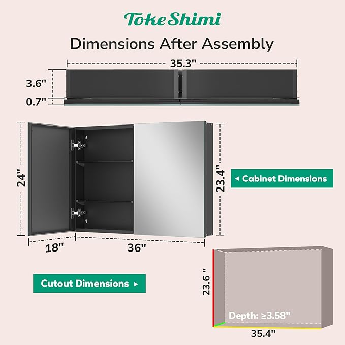 TokeShimi 36 x 24 Recessed Medicine Cabinet Mirror with Storage Black, Aluminum Tempered Wall Medicine Cabinet Mirror Bathroom with Adjustable Metal Shelves Modern