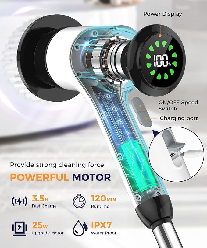 Electric Spin Scrubber, Cordless Cleaning Brush, Bathroom Shower Scrubber with 7 Replaceable Brush Heads, 2 Adjustable Speeds, Extension Handle, IPX7 Waterproof for Tub Tile Floor Car13.