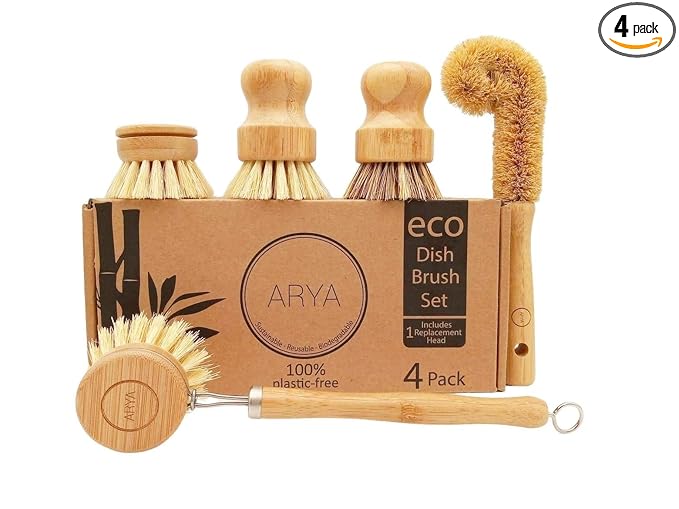 Wooden Dish Brush Set | 4 Kitchen Washing Up Brushes & One Replacement Head | Bamboo & Natural Fibers | Eco Friendly Wooden Pot Brush Scourer Scrubber Sponge Alternative
