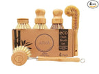 Wooden Dish Brush Set | 4 Kitchen Washing Up Brushes & One Replacement Head | Bamboo & Natural Fibers | Eco Friendly Wooden Pot Brush Scourer Scrubber Sponge Alternative