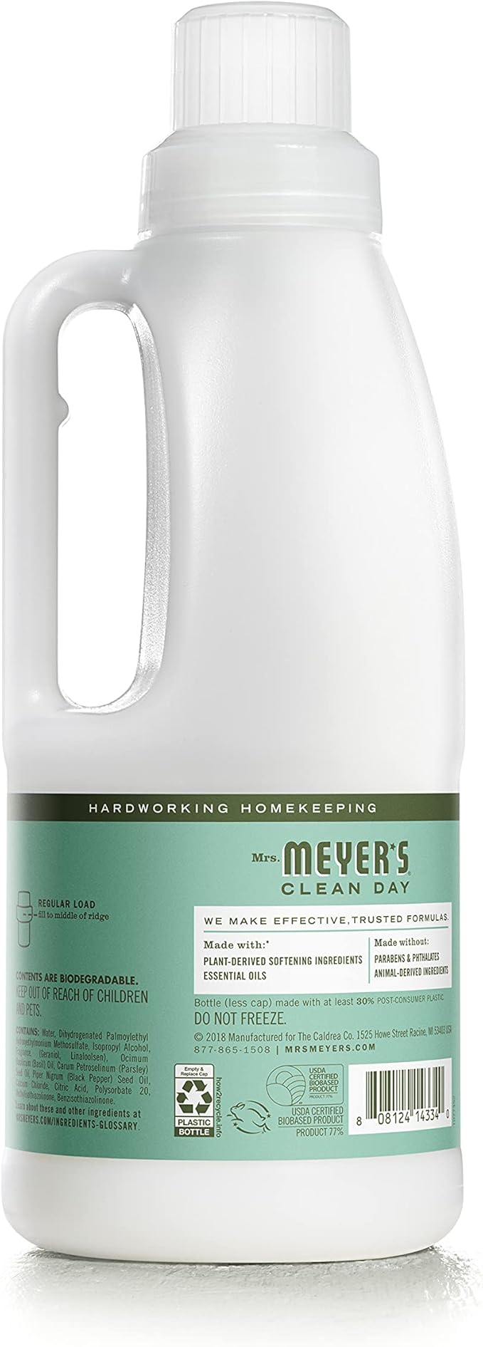 MRS. MEYER'S CLEAN DAY Liquid Fabric Softener, Infused with Essential Oils, Paraben Free, Basil, 32 oz (32 Loads)