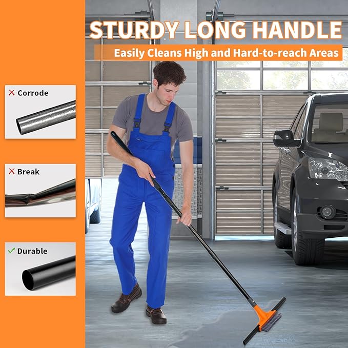Rubber Floor Squeegee for Concrete Tile Floor, Large Water Squeegee Heavy Duty with Scrub Brush and Long Handle for Cleaning,Squeegee Broom for Window Garage Kitchen Bathroom Deck