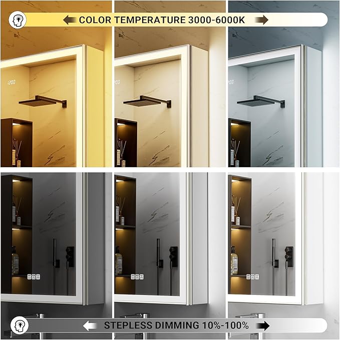 24x32 Lighted Medicine Cabinet with Mirror, Beveled Brushed Nickel Framed Surface or Recessed Fogless Dimmable LED Medicine Cabinet with Outlet, Time Display and Sensor Inner Light