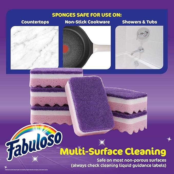 Fabuloso Sponges, Purple - Scratch-Free Scrubber for Dishes and Surfaces - Dishwashing Sponge for Bold and Bright Cleaning Experience, 6 Count - 2 Pack