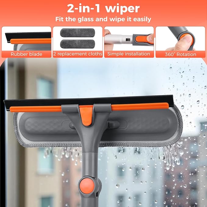 Squeegee for Window Cleaning 2-in-1 Cleaner Tool with Extension Pole and 2 Microfiber Pads, 360° Car Squeegee Kit Professional, 62 Inch for High Glass, Home,Outdoor