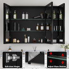 36x30 Inch Medicine Cabinet with Mirror, Aluminum Bathroom Mirror Cabinet, Beveled Edge Mirrored Triple Door, Adjustable Shelves, Surface or Recessed Mount Mirrors with Storage,Black