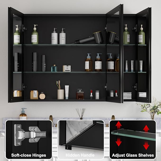 40x30 Inch Medicine Cabinet with Mirror, Aluminum Bathroom Mirror Cabinet, Beveled Edge Mirrored Door, Adjustable Shelves, Surface or Recessed Mount Bathroom Mirrors with Storage, Triple Door,Black