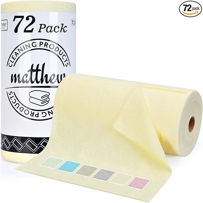 Matthew Microfiber Cleaning Cloth Roll 72Pack (12" x 12") Reusable Paper Towels&Washable Tear Away Towels,Ultra Water Absorbent Lint&Streak Free Cleaning Rags for Glass,Dishwash,Bathroom,Cars-Yellow