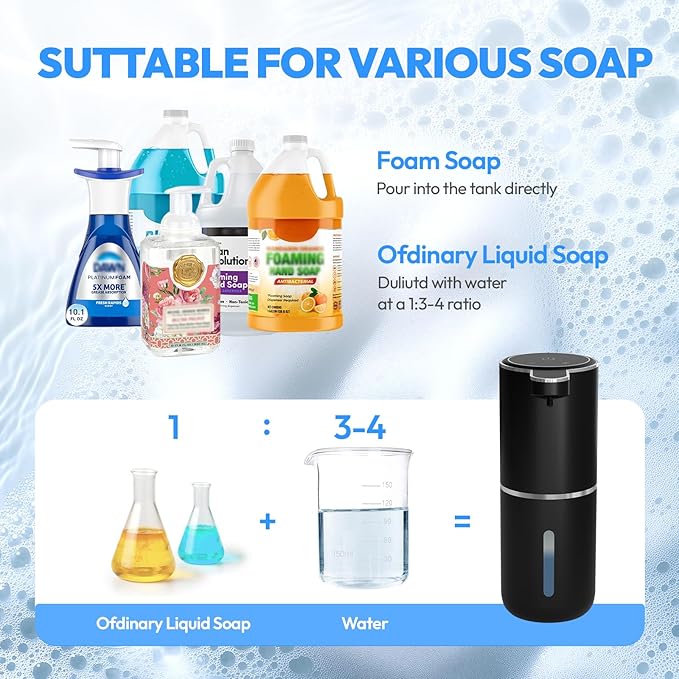 Automatic Foaming Soap Dispenser,Touchless Foam Soap Dispenser,12.8oz Rechargeabled Wall Mounted Smart for Bathroom and Kitchen Dish Soap,Easy for Toddlers(Black)