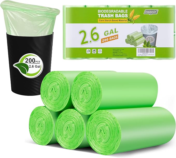 Inwaysin 200 Count 2.6 Gallon Plant Starch Based Bathroom Trash Bags, Strong, Unscented, Expanded, Green, 10L