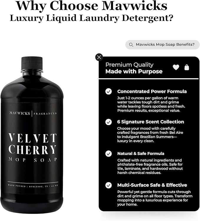 Fragrances - Luxury Mop Soap (Velvet Cherry) 32 Oz – Velvet Cherry Scented Floor Cleaner for Mopping – Pet Safe, Best Smelling Mop Detergent for All Surfaces