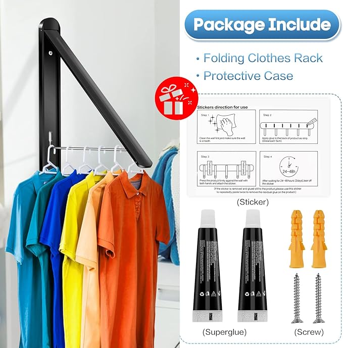 Wall Mounted Clothes Drying Rack-Foldable Indoor Laundry Rack,Space Saving Collapsible Clothes for Bathroom, Dorm, Apartment, RV, Laundry Room Organization.(Black-Aluminum)