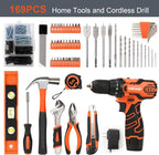 COMOWARE 12V Cordless Drill Set, 169Pcs Hand Tool Set with Cordless Drill Driver, Complete Repair Tool Kit for Men, Storage Bag, Ideal for Office, Garden, Dorm and DIY Project