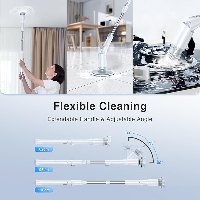 LABIGO Electric Spin Scrubber LA3 Pro, Cordless Bathroom Scrubber with 5 Replacement Head, 3 Adjustable Angle, Household Power Cleaning Brush with Extension Arm for Bathtub Window Car Grout Tile Floor