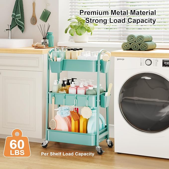 Green 3 Tier Rolling Cart Metal with Lockable Wheels, Three Tiered Craft Cart Organizer on Wheels, Utility Storage Carts for Art, Baby Supplies, Diaper Caddy, Snack, Pantry, Nail, Lash, Cleaning