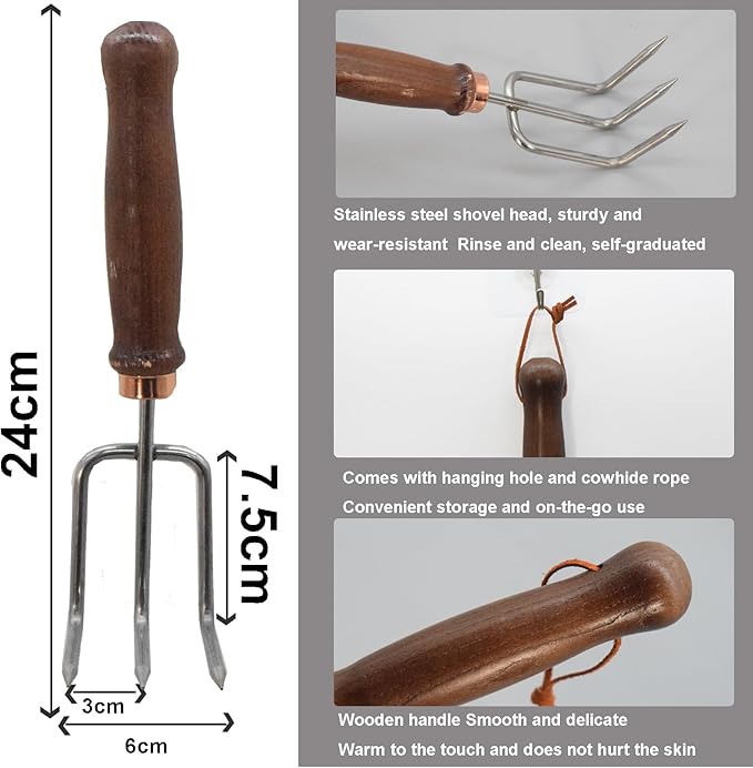 Gardening Tools - 6pc Set: Flower Spade, Digging Shovel, Weed Puller, Hand Rake & More - Stainless Steel & Wood - Brown
