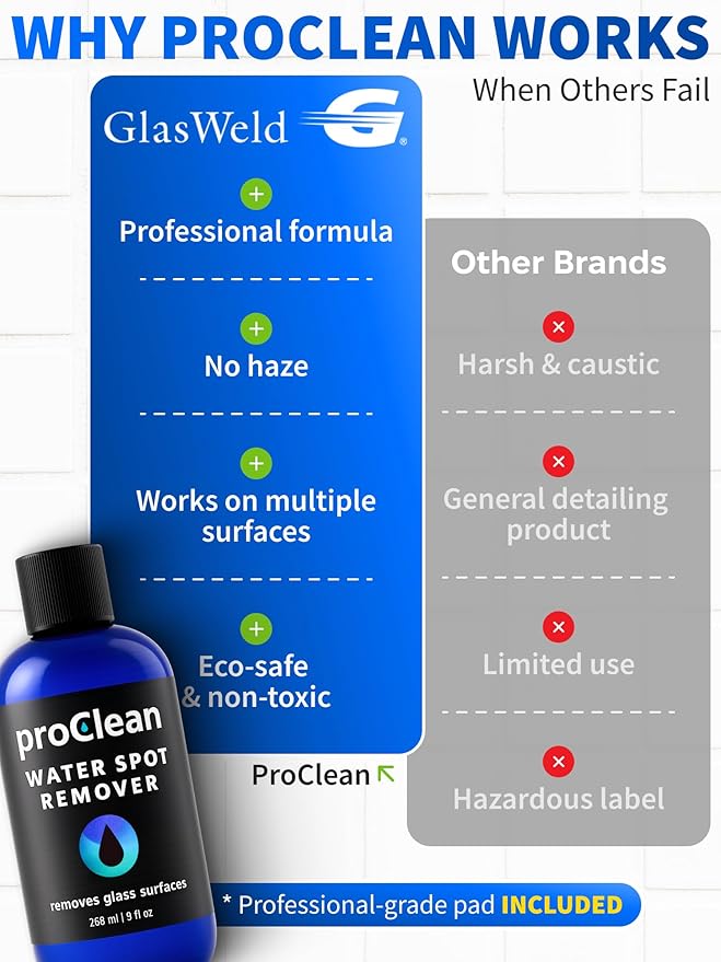 ProClean Hard Water Spot Remover - For Glass, Metal & More - Includes Applicator Pad - Water Stain Remover Kit - Use on Car Window or Shower Door
