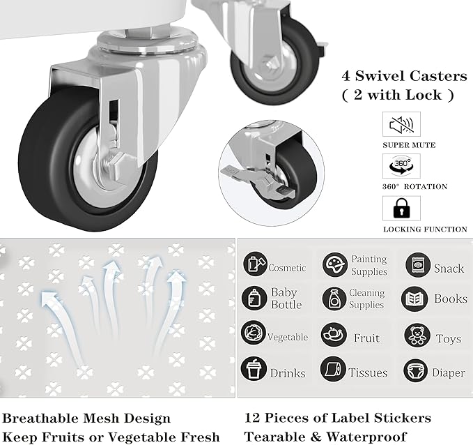 UDEAR 4-Tier Rolling Utility Cart with 12 Category Labels,Multifunctional Storage Shelves with Handle and Lockable Wheels for Room,Office,Kitchen,Bathroom,White