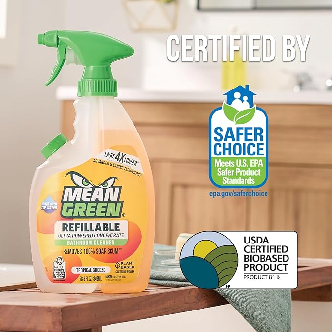 Mean Green Refillable Ultra Powered CONCENTRATE Bathroom Cleaner, Tropical Breeze, 14.3 Ounce, 6 Pack