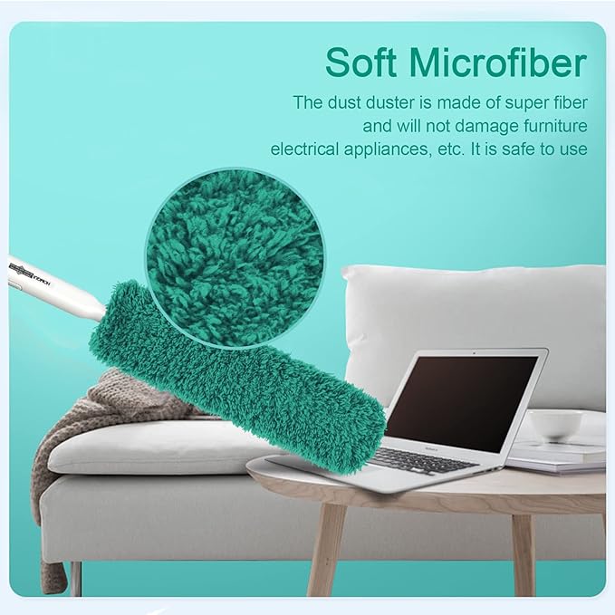 Microfiber Duster, Feather Duster, Dusters for Cleaning, Washable Dusters with Reusable Microfiber Head, Feather Dusters for Cleaning Cobweb, Blinds, Furniture, Cars-Green