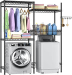 Golpart Over Washer and Dryer Shelves,Laundry Room Storage Organization Clothes Drying Rack,4 Tier Adjustable Height Wire Shelving with Wire Basket,Hanger Rod&Hook,Space Saving Shelf