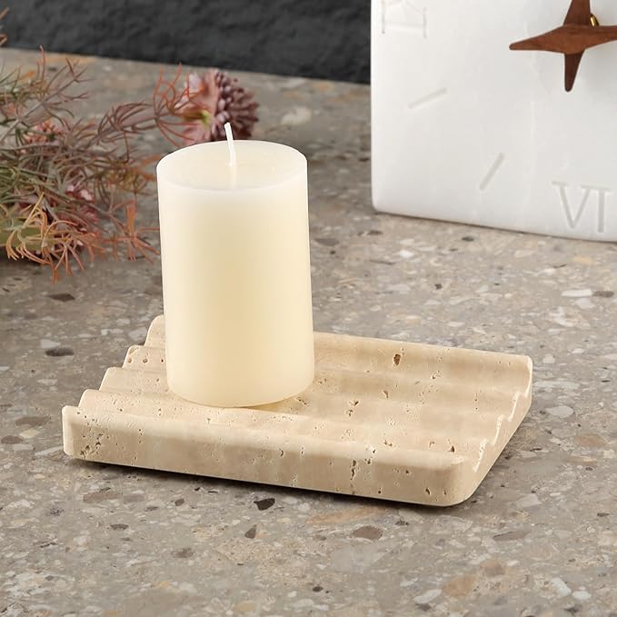 Marble Soap Dish, Beige Travertine Bar Soap Holder Shower, Brown Large Bathroom Soaps Saver, Easy Cleaning Natural Stone Sponge Holder for Kitchen Sink, Executive Jewelry Ring Tray