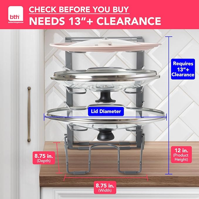 BTH Adjustable Pot Lid Organizer for Cabinet - Kitchen Storage Rack 6 Adjustable Shelves, Pot Lid Holder, Pan and Pot Rack Organizer, Pantry & Inside Cabinet Organizer (13” Clearance)