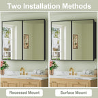 Buruis 36" x 30" Framed Medicine Cabinet with Mirror, Recessed or Wall Mounted Bathroom Cabinet, Adjustable Tempered Glass Shelves, Left/Right Open Reversible, No Assembly Required, Black