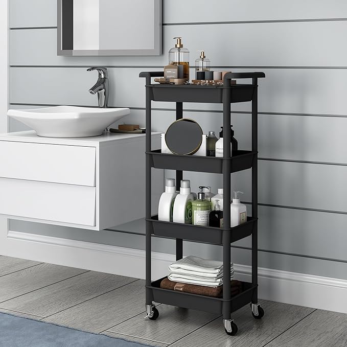 4 Tier Rolling Cart with Handle, Utility Cart with Table Top Easy Assembly Bathroom Storage Cart on Wheels for Office, Living Room, Kitchen, Craft Room, Black